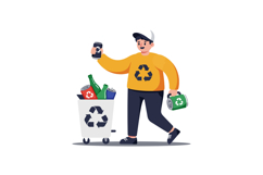 A young man in a yellow shirt recycling bottles and cans in Product Image 1