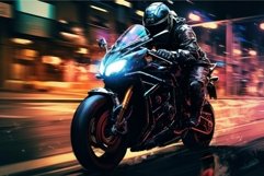 Speeding motorcyclist on city street at night Product Image 1