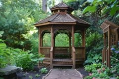 Wooden gazebo standing in a peaceful garden setting during s Product Image 1