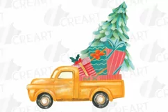 Watercolor Christmas truck clip art. Retro trucks decoration Product Image 3
