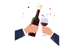 Two hands clinking a wine glass and bottle with colorful con Product Image 1