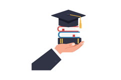 Hand holding stacked books with graduation cap in minimal fl Product Image 1