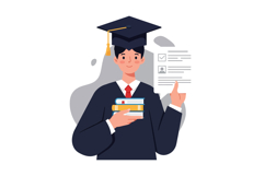 Graduate student wearing cap and gown holding books and cert Product Image 1