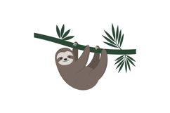 Sloth hanging from a green branch surrounded by lush leaves Product Image 1