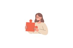 Happy woman holding a large puzzle piece in a minimal flat s Product Image 1