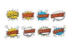 Colorful comic-style speech bubbles with dynamic words in a Product Image 1