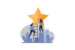 Two people climbing a ladder to reach a large orange star in Product Image 1