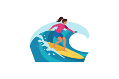 Surfer woman riding a vibrant wave in flat vector art style Product Image 1