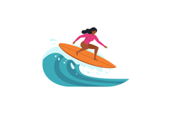 A woman surfing on an orange board over a blue wave in flat Product Image 1