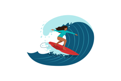 A dynamic woman surfing on a vibrant wave in a flat vector i Product Image 1