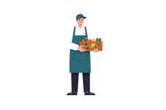A young male worker in an apron carrying a crate of colorful Product Image 1
