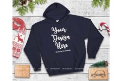 Christmas Navy Hoodie Mockup, Winter Holiday Flat Lay Product Image 1