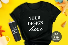 Black T-shirt & Skinny Tumbler Mockup PSD, Beach Background Product Image 1