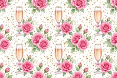 Watercolor seamless pattern with champagne flutes, pink rose Product Image 1
