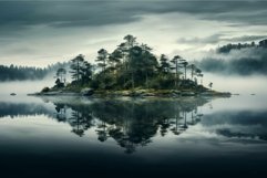 Serene landscape of a misty island with pine trees reflected Product Image 1