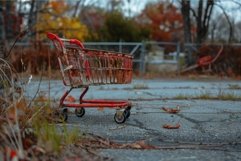 Rusty shopping cart sitting in an abandoned parking lot Product Image 1