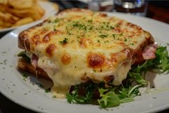 Cheesy croque monsieur sandwich on plate Product Image 1