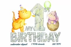 1st. Birthday dinosaur PNG. First Birthday Dino watercolour. Product Image 1