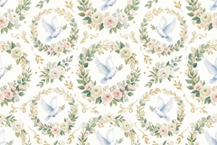 Watercolor seamless pattern with white doves floral wreaths Product Image 1