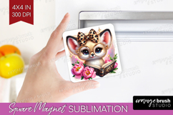 Fennec Fox Reading Magnet Sublimation Book Lover Square PNG Product Image 1