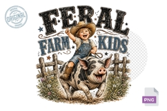 Feral Farm Kids PNG Funny Pig Riding Cowboy Kid, Country Far Product Image 1