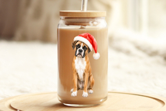 Watercolor dog PNG featuring a front-facing Boxer with expressive dark eyes, white paws and a bright red Santa hat in a simple centred composition.