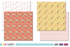 Holiday scrapbook papers with Christmas cactus designs, stockings, bows, and gift patterns in warm pastel colors.