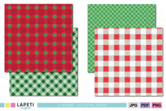 Festive plaid papers with traditional Christmas colors and varied check and tartan patterns.