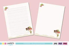 Holiday stationery set featuring cute elf holding a winter sign, includes lined and blank pages for Christmas journaling or Santa letters.