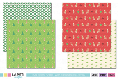 Cute Christmas scrapbook paper bundle featuring llamas with presents, holiday wreaths, and Christmas trees in cozy red and green colors.