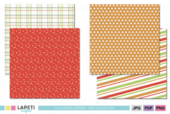 Set of Christmas digital papers with red polka dots, green plaid, brown triangles, and diagonal stripe patterns for crafting and scrapbooking.