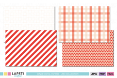 Christmas-themed scrapbook papers with bold red stripes, soft gingham patterns, and dotted minimalist backgrounds for winter projects.