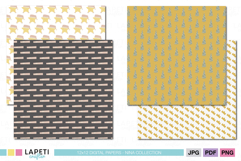 Cozy Christmas scrapbook paper bundle with smiling stars, Christmas trees, and geometric gift patterns in soft golden and beige colors.