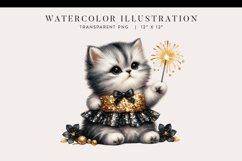 Festive Watercolor Kitten with Sparkler Clipart PNG Product Image 1