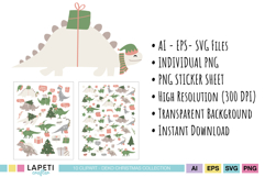 Holiday dinosaur PNG set featuring seasonal Christmas elements and decorations