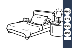 Bed with pillow teddy bear and bedside table with lamp and b Product Image 1