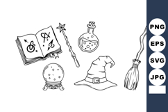 Magical witchcraft objects including spell book wand potion Product Image 1