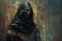 Mysterious cloaked figure with glowing eyes in a dark, dysto Product Image 1