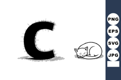 Cat sleeping beside large letter C black and white simple ve Product Image 1