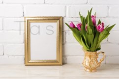 Golden frame mockup with magenta pink tulips in golden vase Product Image 2