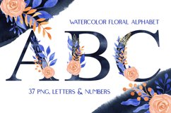 Watercolor Navy Blue Floral Alphabet Clip Art Product Image 1