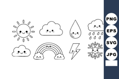 Cute weather icons with smiling sun clouds raindrop rainbow Product Image 1