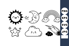 Cute smiling sun moon star cloud rainbow and comet vector ic Product Image 1