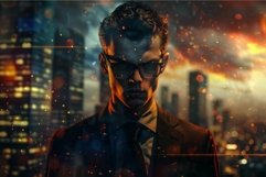 Dramatic portrait of a businessman with a burning city in th Product Image 1
