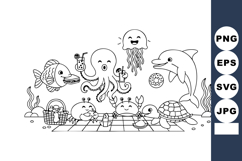 Underwater sea animals playing beach ball picnic vector line Product Image 1
