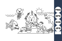 Underwater sea animals enjoying a picnic with octopus holdin Product Image 1