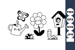 Cute garden elements with smiling flower butterfly ladybug w Product Image 1