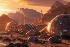 Futuristic city on mars with domes and spaceships at sunset Product Image 1