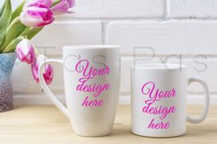 White coffee and cappuccino mug mockup with magenta tulip Product Image 3