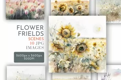 Fields of Flowers | Watercolour Clipart JPG Product Image 1